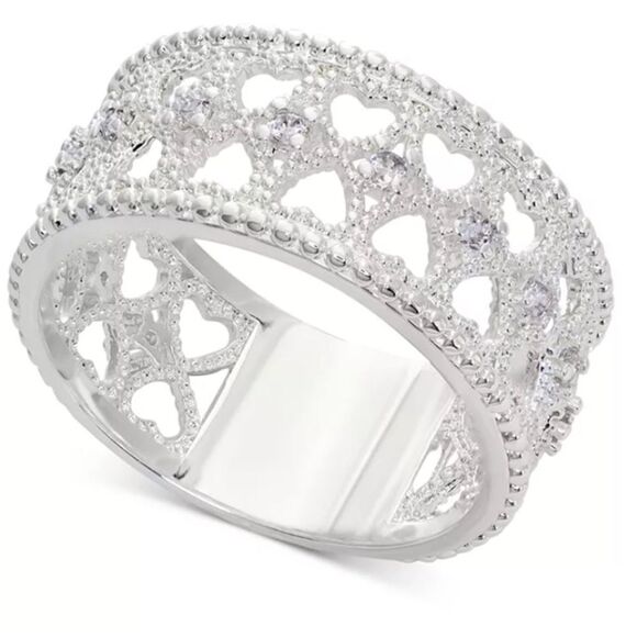 Charter Club Silver-Tone Pave Openwork Heart Ring Size 6 New in Box - Picture 1 of 6